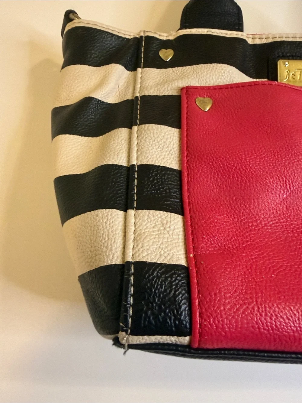 Betsey Johnson Black & White Striped Satchel with Pink Pocket and Black Bow